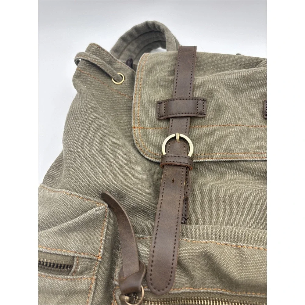 Bluboon VTG Canvas & Leather Army Green Rucksack Backpack Men's Bookbag Medium